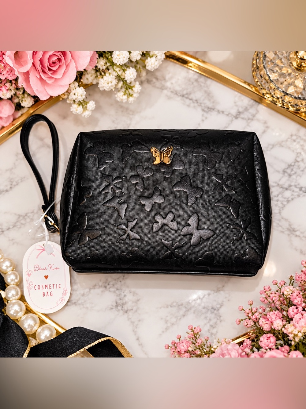 Black Butterfly Embossed Cosmetic Bag